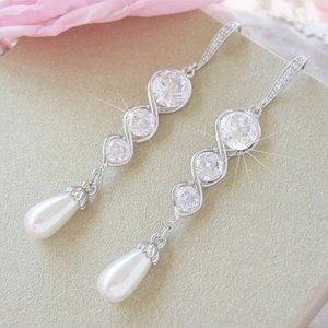 Linear Cubic Zirconia Diamond Pearl Drop Earrings, Unique Braid Setting